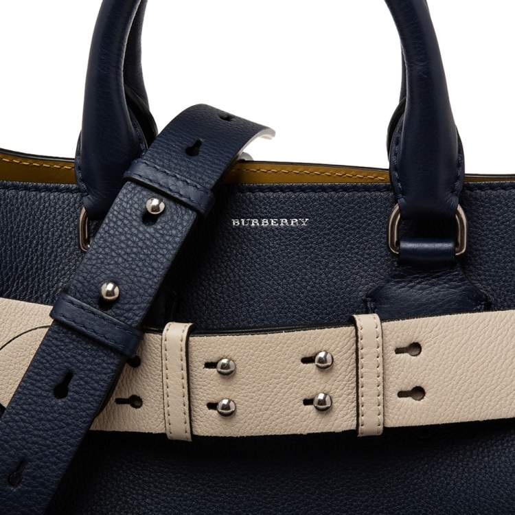 Pre Owned Burberry Navy Blue Leather Small Belt Tote
