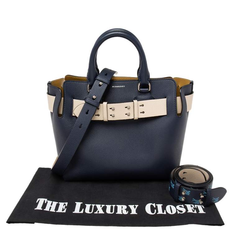Pre Owned Burberry Navy Blue Leather Small Belt Tote