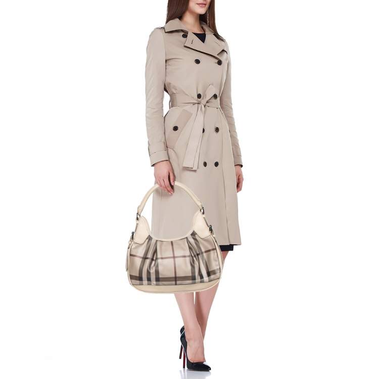 Pre Owned Burberry Grey Smoked Check PVC and Leather Small Brooklyn Hobo