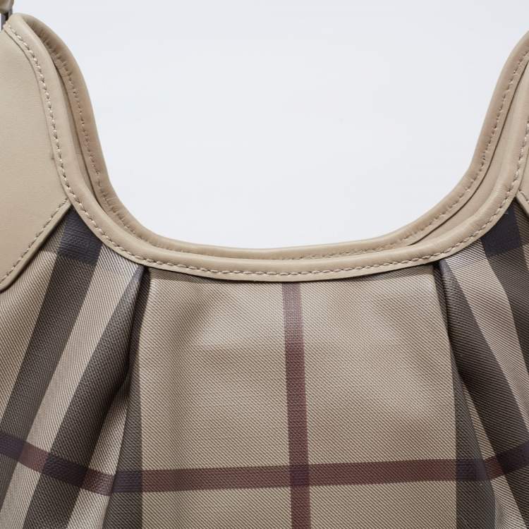 Pre Owned Burberry Grey Smoked Check PVC and Leather Small Brooklyn Hobo