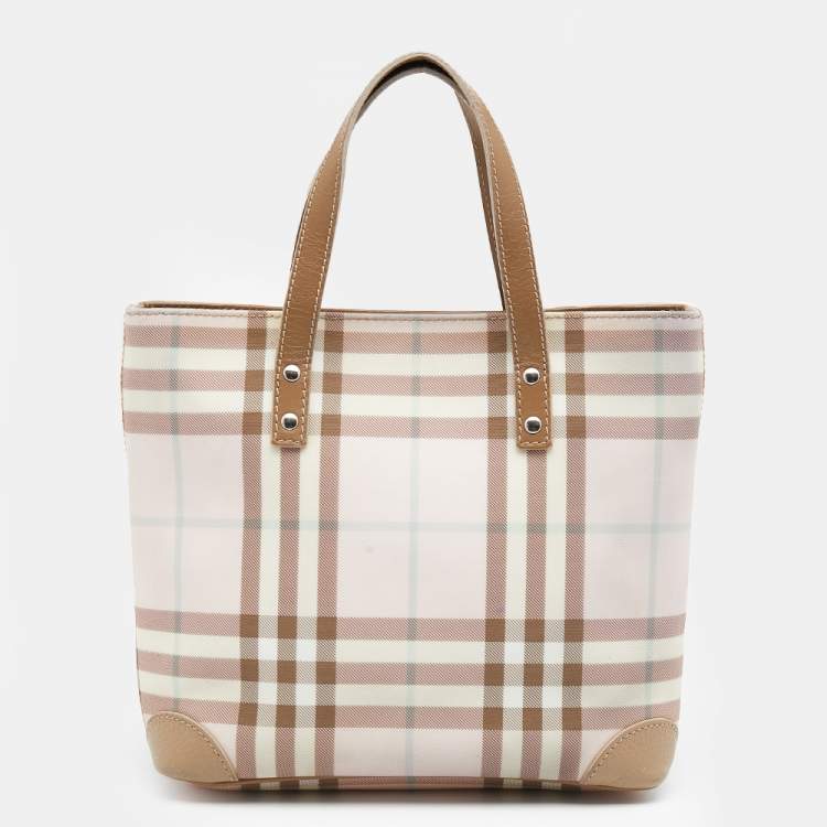 Burberry Blush Pink Leather and House Check Canvas Small Banner Tote  Burberry