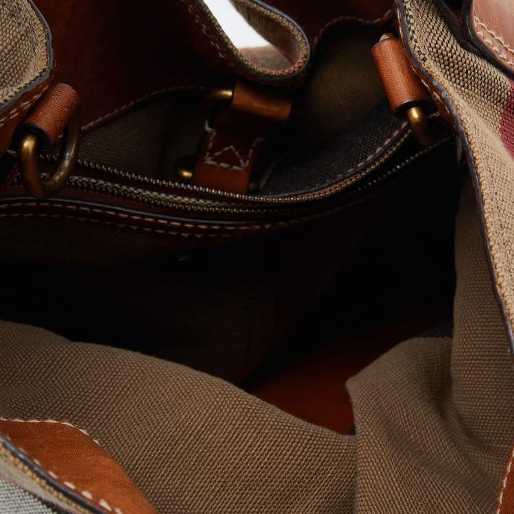 Pre Owned Burberry Brown/Beige Leather And Check Canvas Medium Ashby Bucket Bag