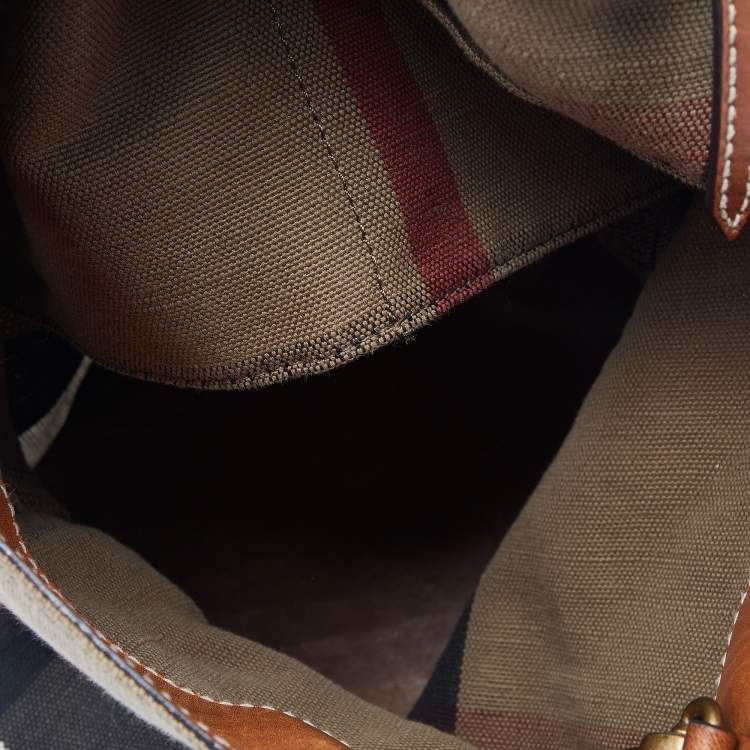 Pre Owned Burberry Brown/Beige Leather And Check Canvas Medium Ashby Bucket Bag