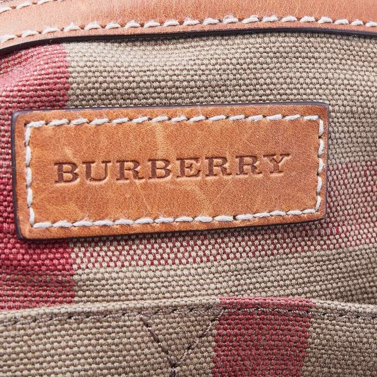 Pre Owned Burberry Brown/Beige Leather And Check Canvas Medium Ashby Bucket Bag