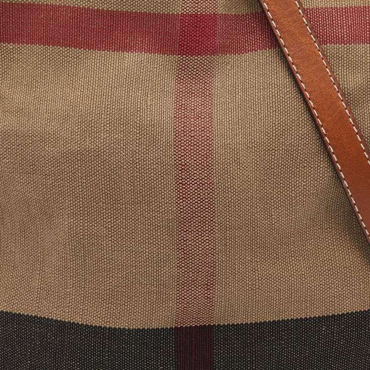 Pre Owned Burberry Brown/Beige Leather And Check Canvas Medium Ashby Bucket Bag