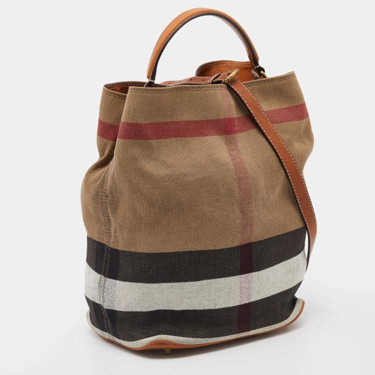 Pre Owned Burberry Brown/Beige Leather And Check Canvas Medium Ashby Bucket Bag