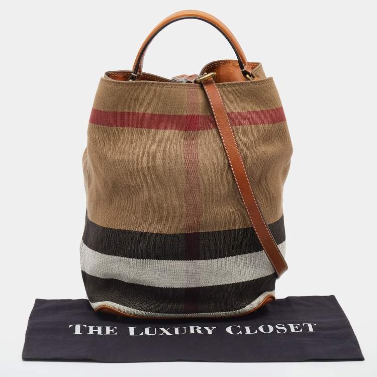 Pre Owned Burberry Brown/Beige Leather And Check Canvas Medium Ashby Bucket Bag