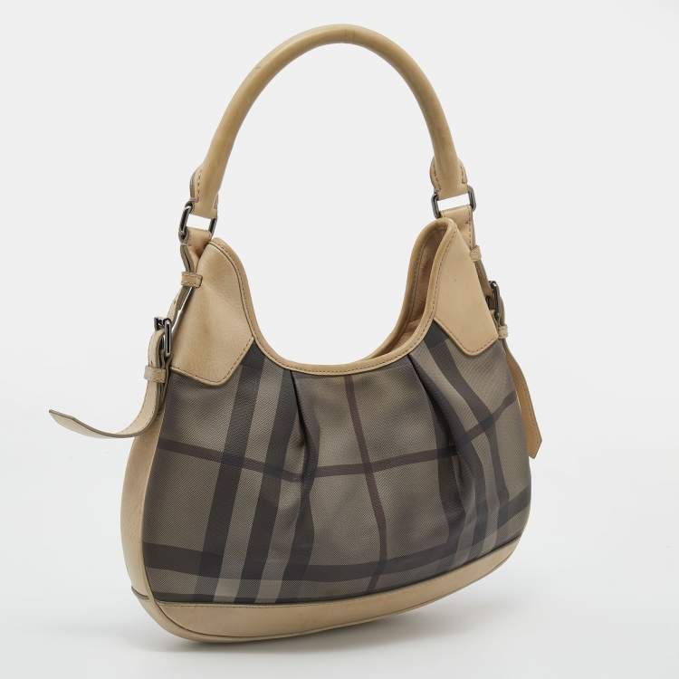 Pre Owned Burberry Beige Coated Canvas And Leather Small Brooklyn Hobo