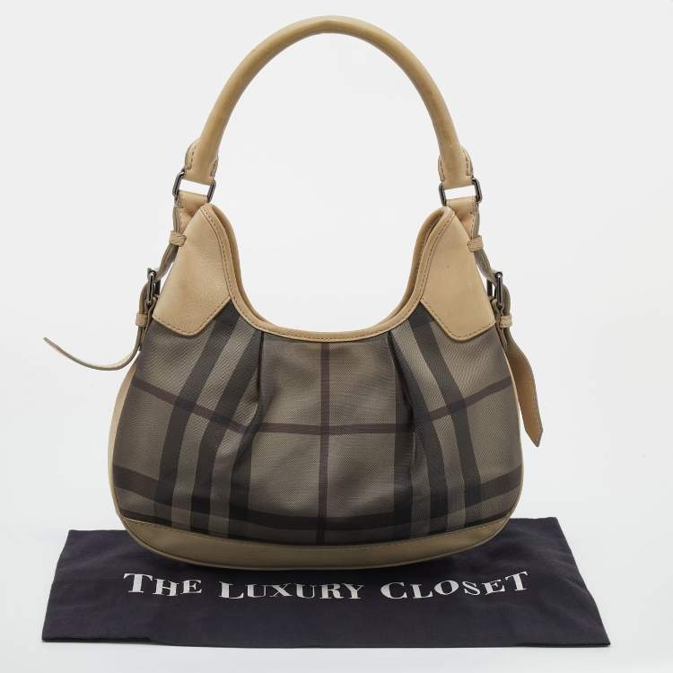 Pre Owned Burberry Beige Coated Canvas And Leather Small Brooklyn Hobo