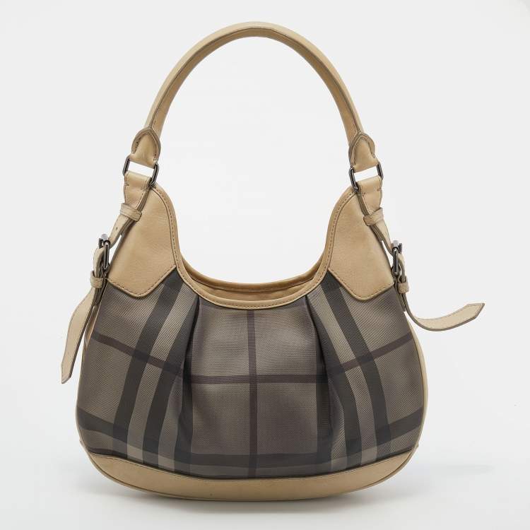 Pre Owned Burberry Beige Coated Canvas And Leather Small Brooklyn Hobo