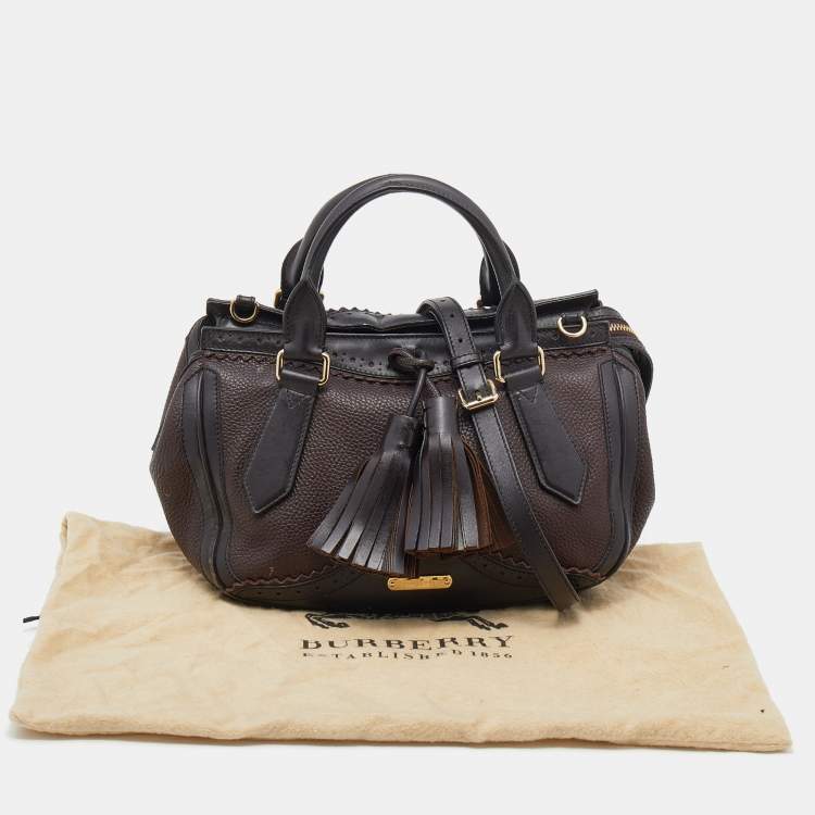 Pre Owned Burberry Dark Brown Brogue Leather Tassel Satchel