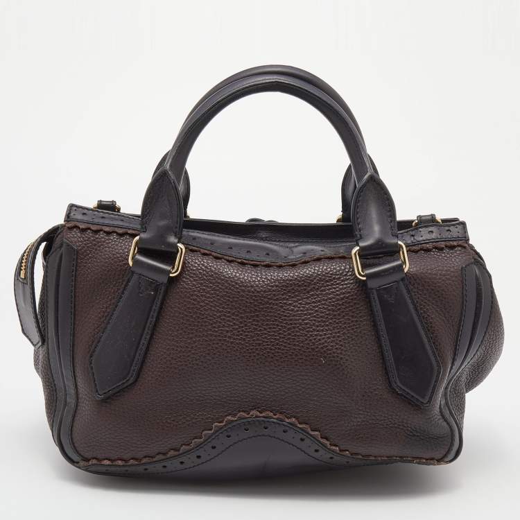 Pre Owned Burberry Dark Brown Brogue Leather Tassel Satchel