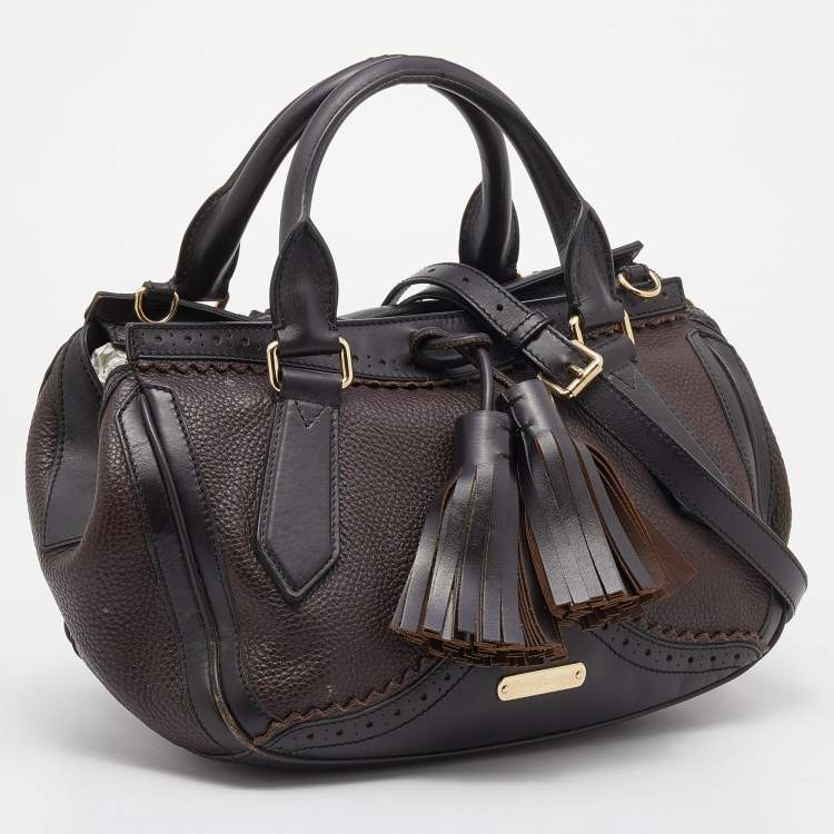 Pre Owned Burberry Dark Brown Brogue Leather Tassel Satchel