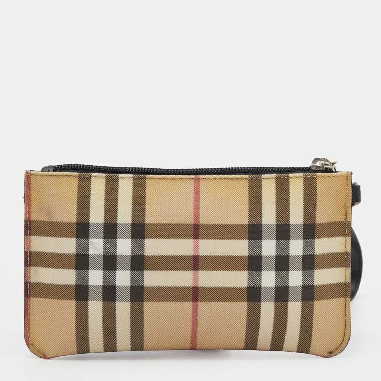 Pre Owned Burberry Beige Nova Check Coated Canvas Wristlet Clutch