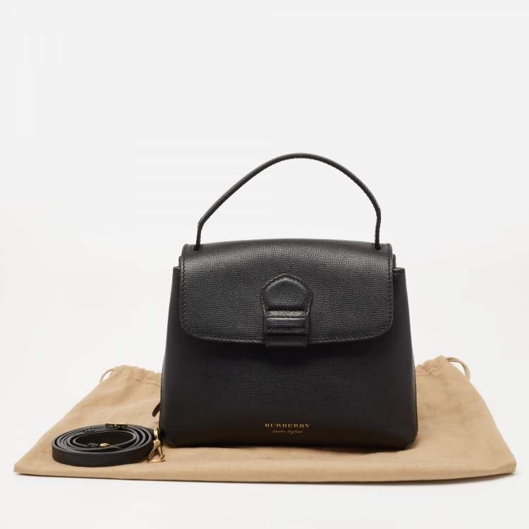Pre Owned Burberry Black/Beige Leather And House Check Fabric Small Camberley Top Handle Bag
