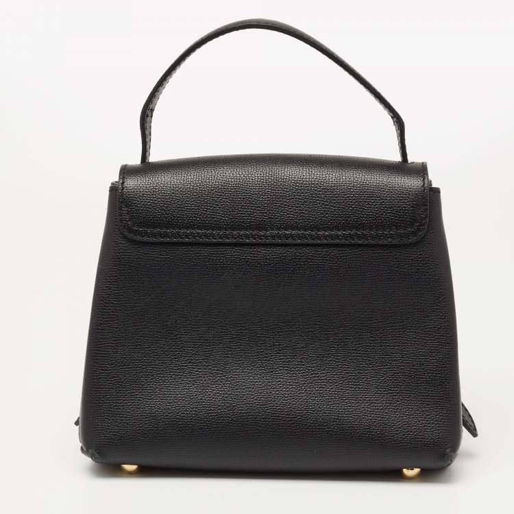 Pre Owned Burberry Black/Beige Leather And House Check Fabric Small Camberley Top Handle Bag