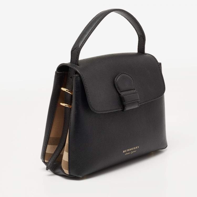 Pre Owned Burberry Black/Beige Leather And House Check Fabric Small Camberley Top Handle Bag