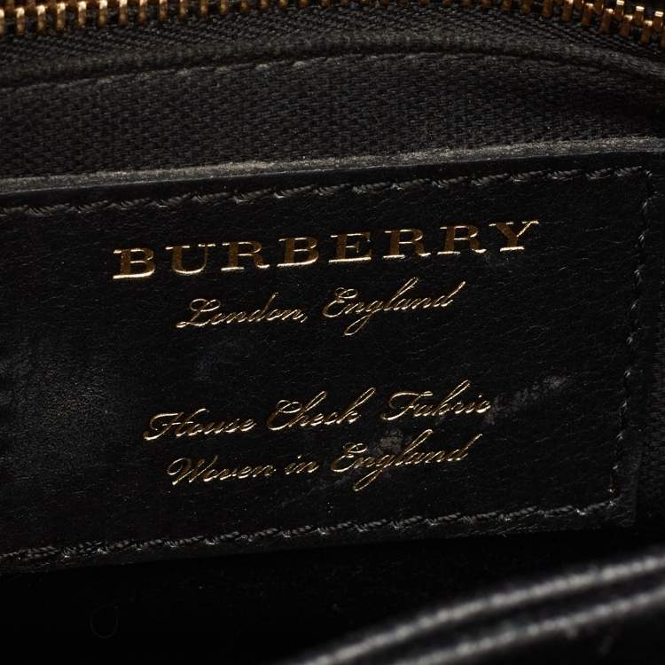 Pre Owned Burberry Black/Beige Leather And House Check Fabric Small Camberley Top Handle Bag