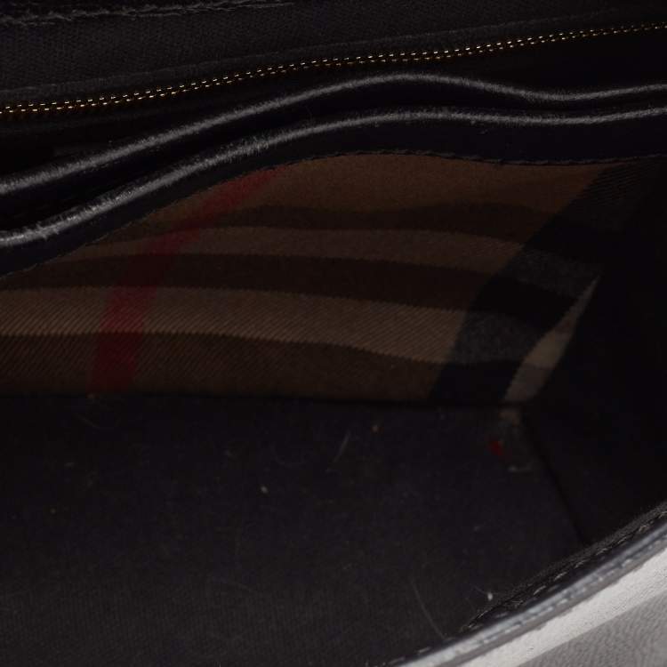 Pre Owned Burberry Black/Beige Leather And House Check Fabric Small Camberley Top Handle Bag