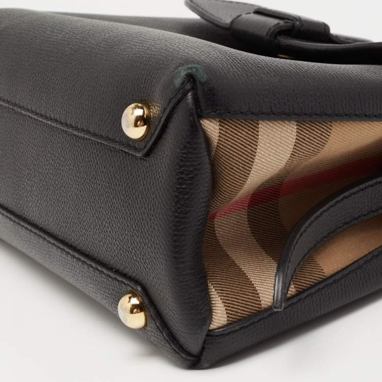 Pre Owned Burberry Black/Beige Leather And House Check Fabric Small Camberley Top Handle Bag