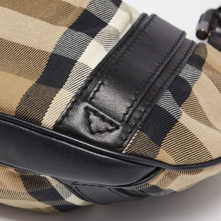 Pre Owned Burberry Black/Beige House Check Canvas and Leather Small Phoebe Hobo