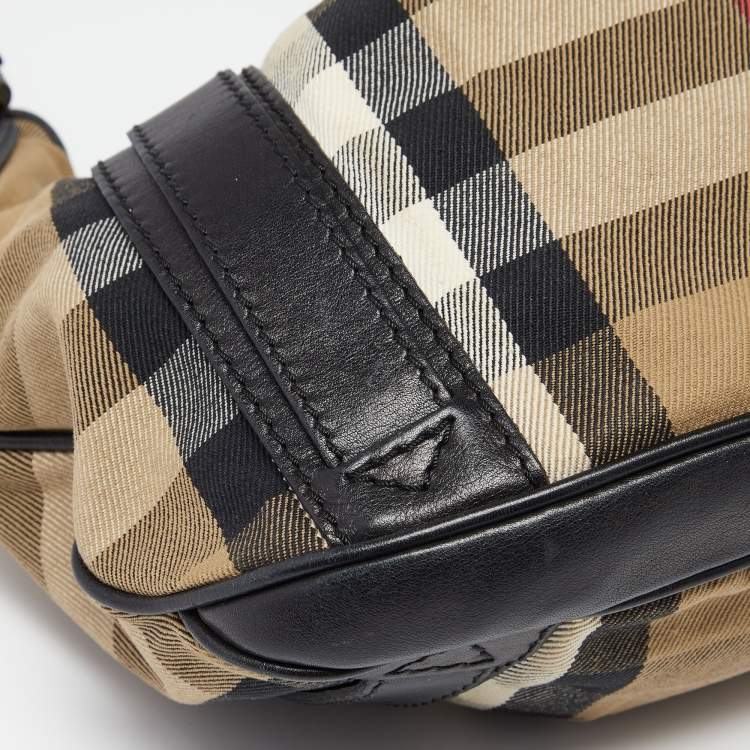 Pre Owned Burberry Black/Beige House Check Canvas and Leather Small Phoebe Hobo