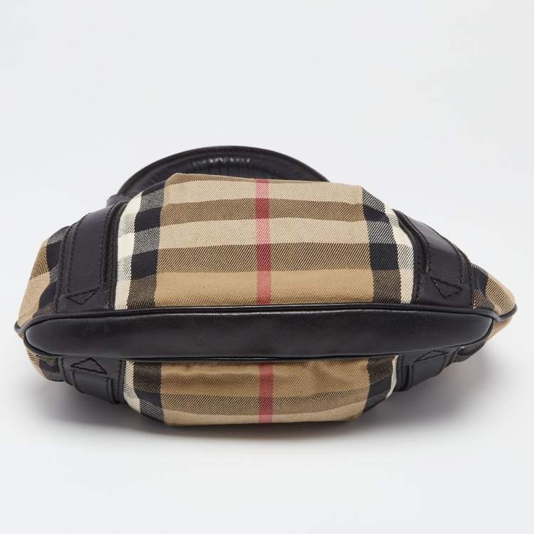 Pre Owned Burberry Black/Beige House Check Canvas and Leather Small Phoebe Hobo