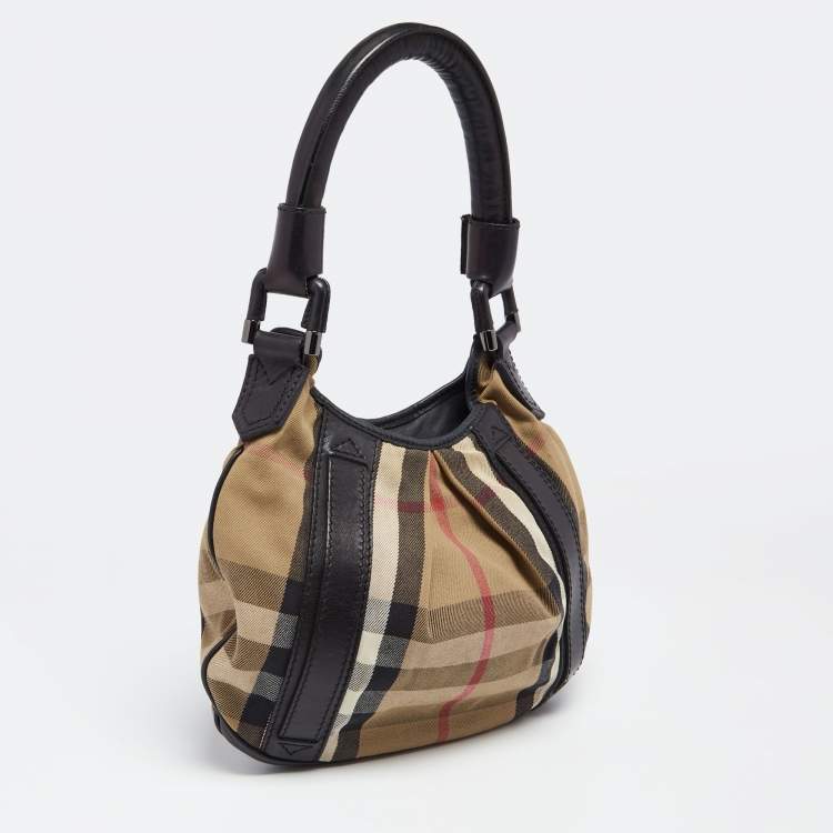 Pre Owned Burberry Black/Beige House Check Canvas and Leather Small Phoebe Hobo