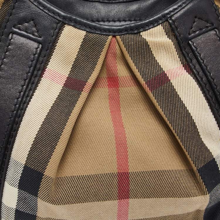Pre Owned Burberry Black/Beige House Check Canvas and Leather Small Phoebe Hobo