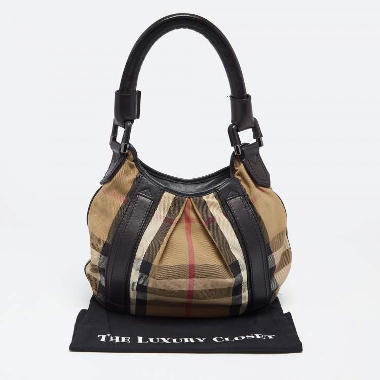 Pre Owned Burberry Black/Beige House Check Canvas and Leather Small Phoebe Hobo
