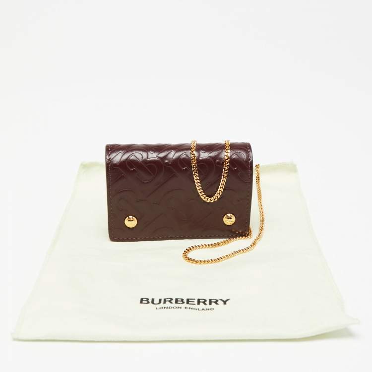 Pre Owned Burberry Burgundy TB Monogram Leather Chain Card Case