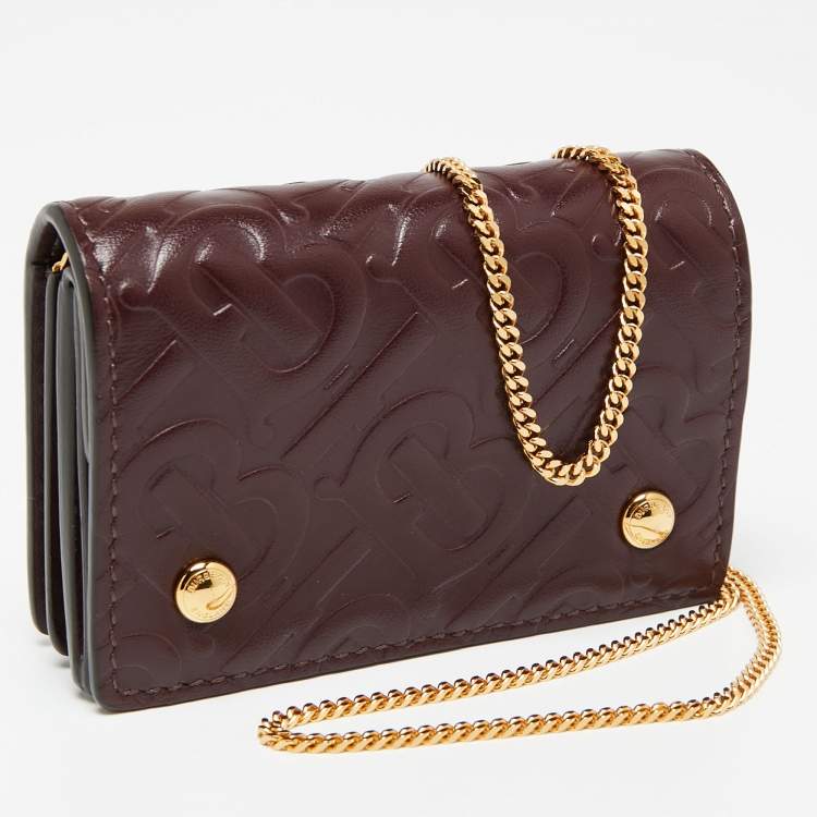 Pre Owned Burberry Burgundy TB Monogram Leather Chain Card Case