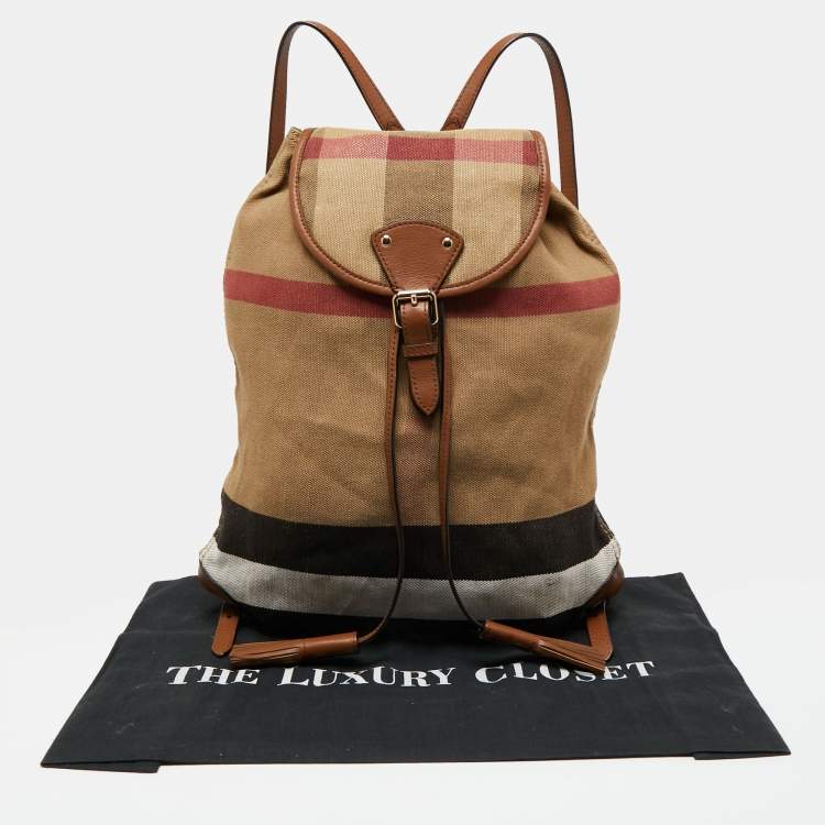 Pre Owned Burberry Beige Check Canvas And Leather Chiltern Drawstring Backpack