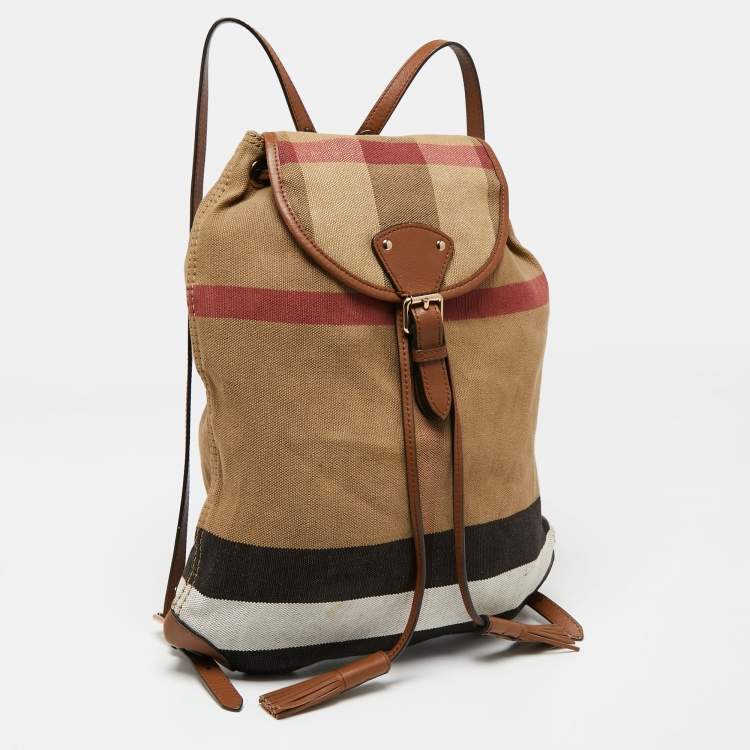 Pre Owned Burberry Beige Check Canvas And Leather Chiltern Drawstring Backpack