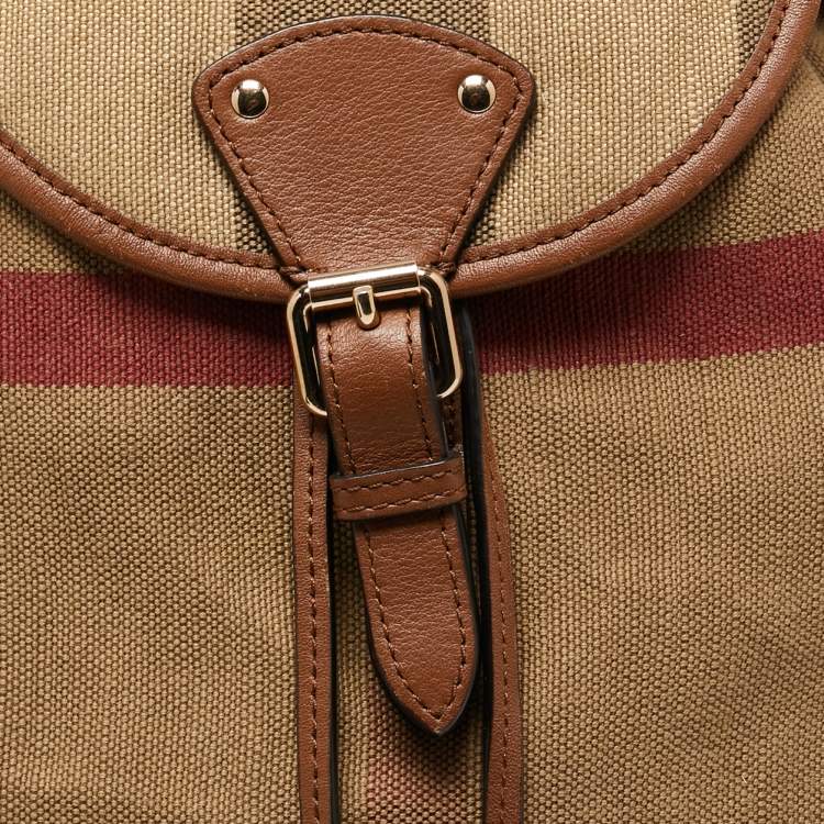 Pre Owned Burberry Beige Check Canvas And Leather Chiltern Drawstring Backpack