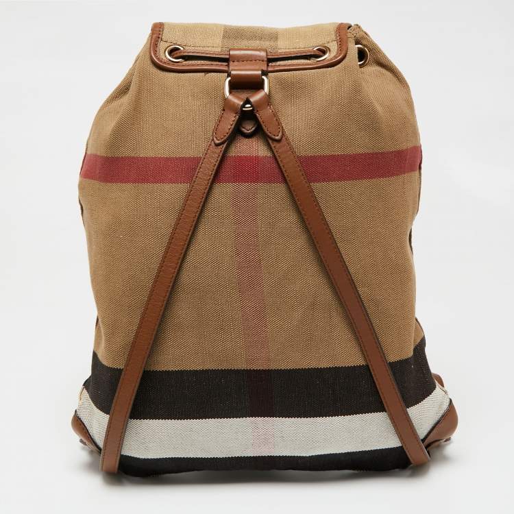 Pre Owned Burberry Beige Check Canvas And Leather Chiltern Drawstring Backpack
