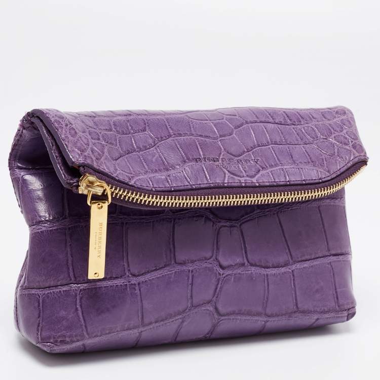 Pre Owned Burberry Purple Alligator Small Kendal Foldover Clutch 