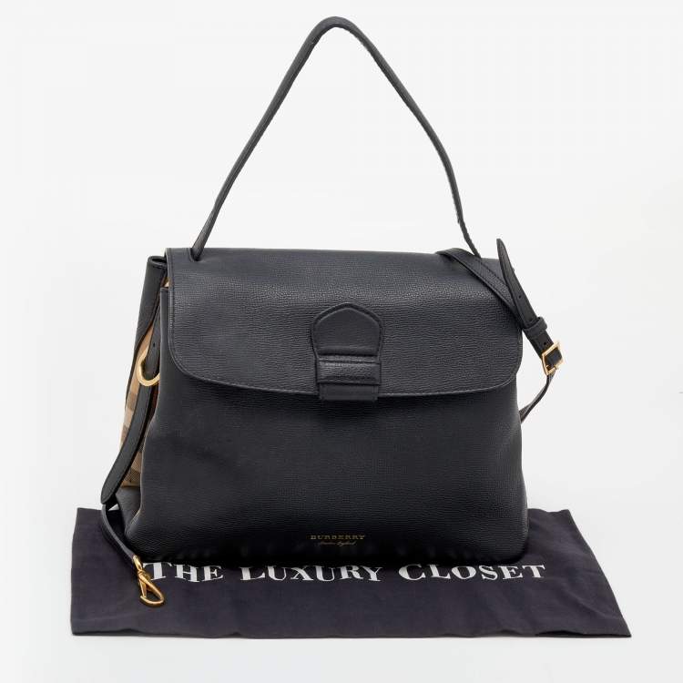 Pre Owned Burberry Black Leather and House Check Canvas Camberley Top Handle Bag
