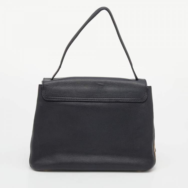 Pre Owned Burberry Black Leather and House Check Canvas Camberley Top Handle Bag