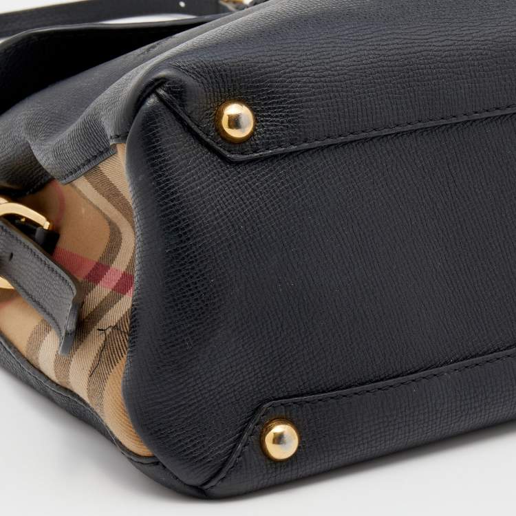 Pre Owned Burberry Black Leather and House Check Canvas Camberley Top Handle Bag