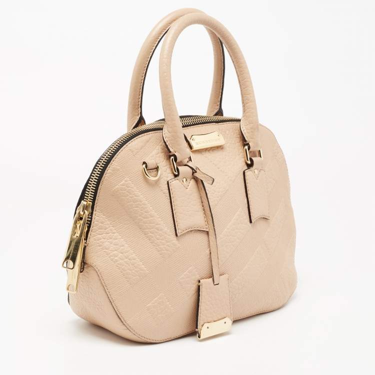 Pre Owned Burberry Beige Check Embossed Leather Orchard Satchel