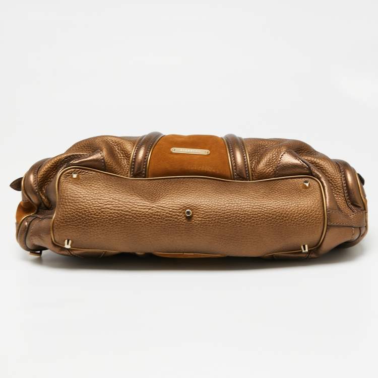 Pre Owned Burberry Metallic Bronze Leather And Suede Satchel 