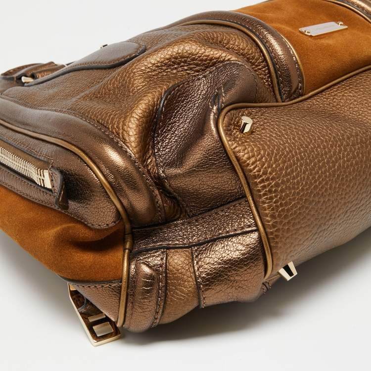 Pre Owned Burberry Metallic Bronze Leather And Suede Satchel 