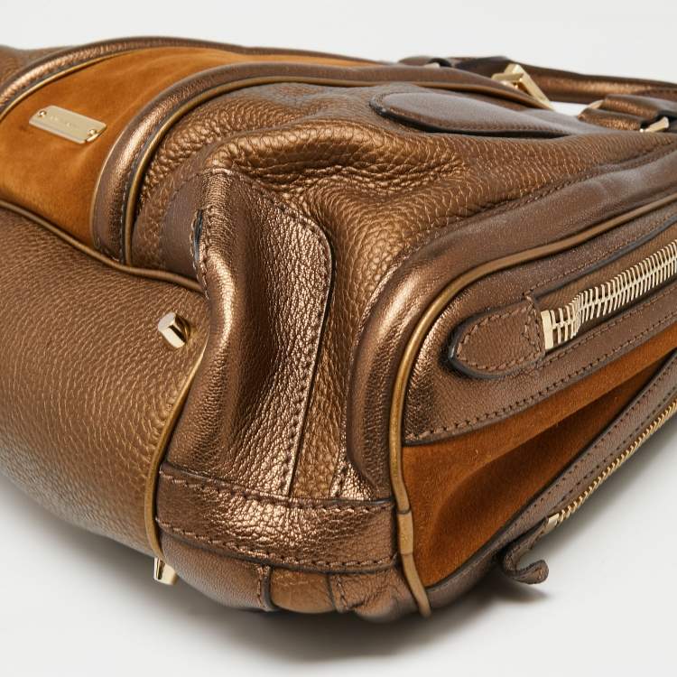 Pre Owned Burberry Metallic Bronze Leather And Suede Satchel 