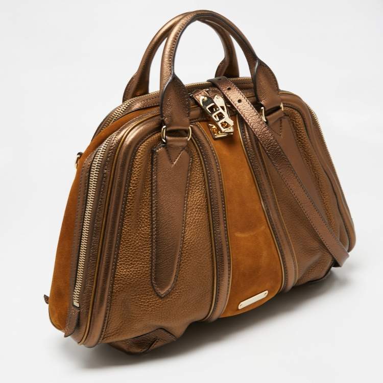 Pre Owned Burberry Metallic Bronze Leather And Suede Satchel 