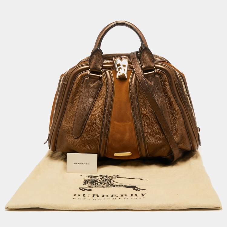 Pre Owned Burberry Metallic Bronze Leather And Suede Satchel 