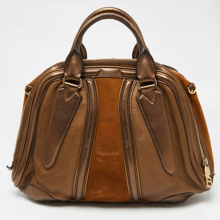 Pre Owned Burberry Metallic Bronze Leather And Suede Satchel 