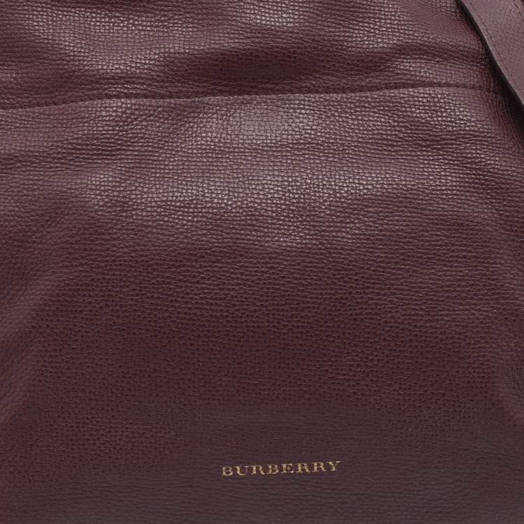 Pre Owned Burberry Burgundy/Beige Leather and House Check Canvas Small Bingley Bucket Bag