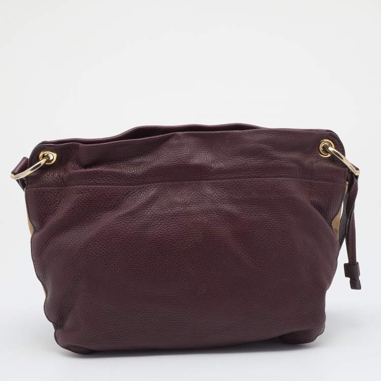 Pre Owned Burberry Burgundy/Beige Leather and House Check Canvas Small Bingley Bucket Bag