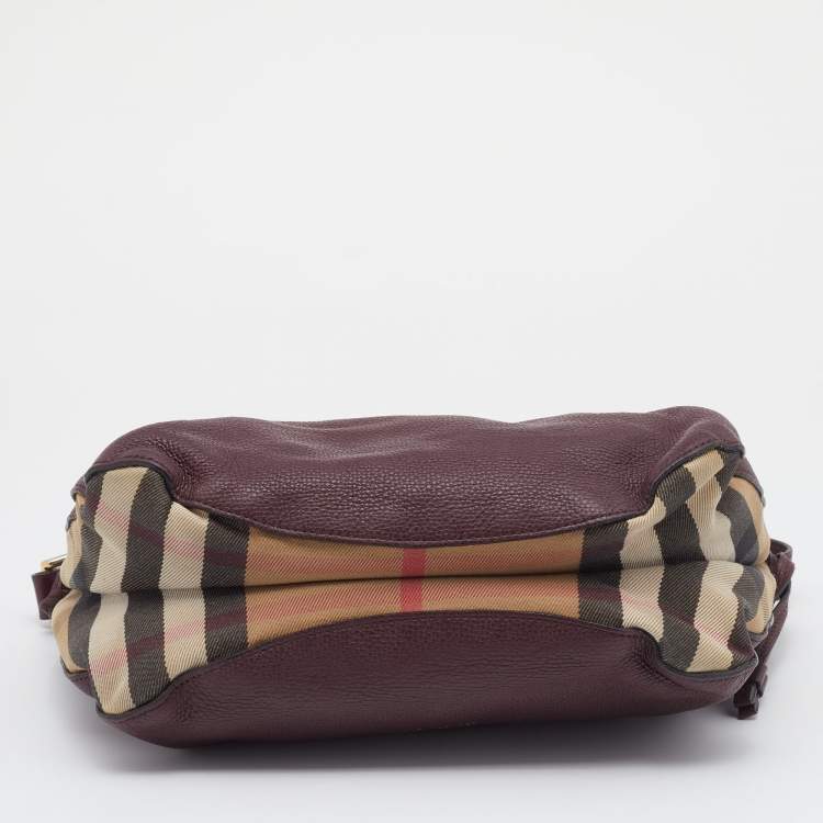 Pre Owned Burberry Burgundy/Beige Leather and House Check Canvas Small Bingley Bucket Bag